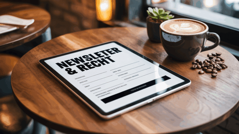 Tablet auf einem Tisch zeigt Newsletter-Anmeldung mit der Überschrift Newsletter und Recht.