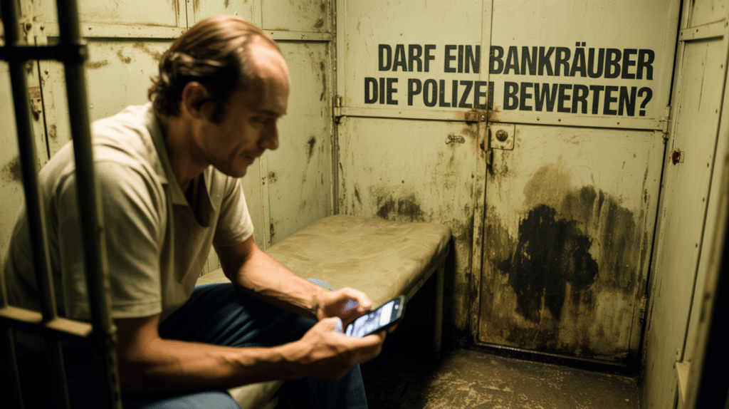 Foto im 70er-Jahre-Stil: Häftling in alter Zelle nutzt Smartphone, an der Wand die eingeritzte Frage "Darf ein Bankräuber die Polizei bewerten?".