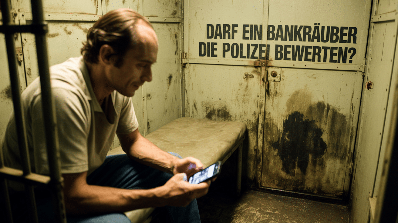 Foto im 70er-Jahre-Stil: Häftling in alter Zelle nutzt Smartphone, an der Wand die eingeritzte Frage "Darf ein Bankräuber die Polizei bewerten?".