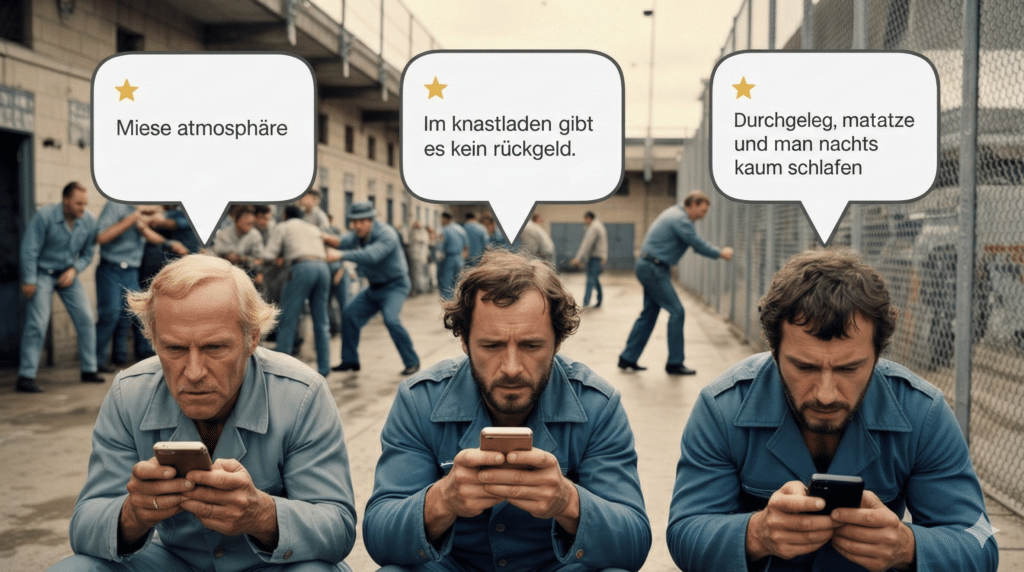 70er Jahre Foto eines Gefängnishofs: Drei Verbrecher schreiben negative 1-Sterne-Bewertungen auf Smartphones: "Miese Atmosphäre", "Kein Rückgeld", "Durchgelegene Matratze".