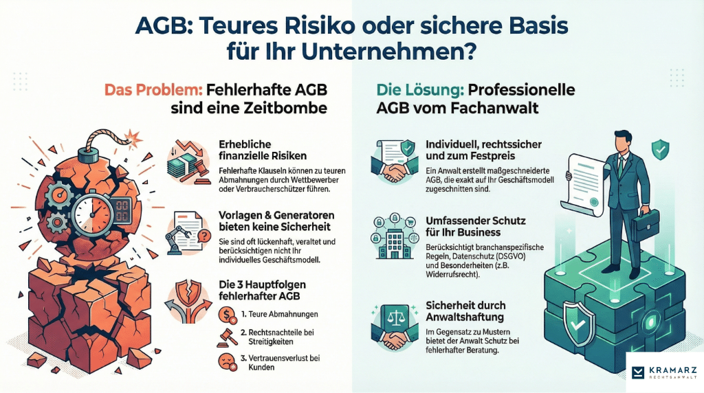 Infografik: Vergleich der Risiken fehlerhafter AGB durch Generatoren (Zeitbombe) mit den Vorteilen rechtssicherer AGB vom Fachanwalt (sichere Basis) der Kanzlei Kramarz.