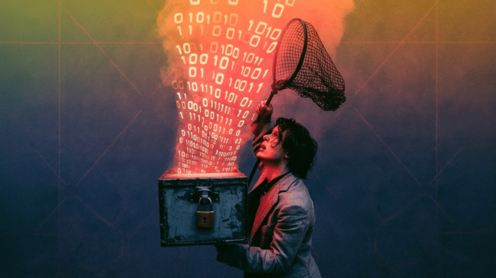 Eine Person versucht, digitalen Rauch aus Nullen und Einsen mit einem Netz einzufangen.