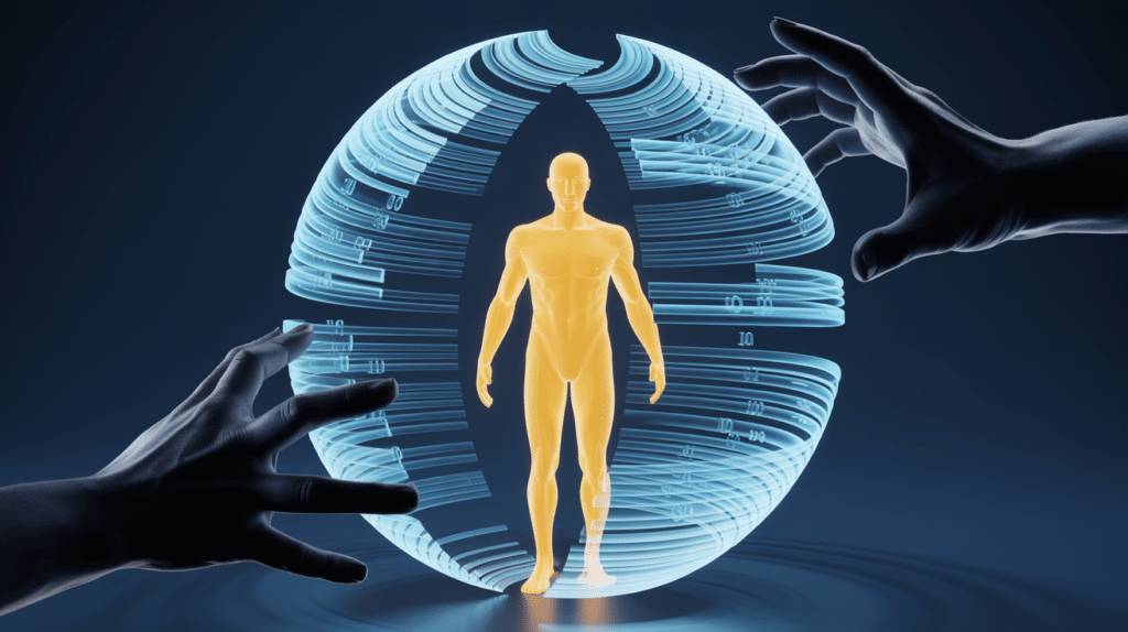 3D-Illustration einer geschützten digitalen Identität, die durch einen blauen Schutzschild vor Zugriffen gesichert wird.