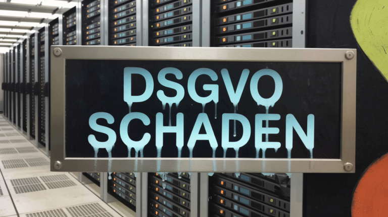Schriftzug DSGVO SCHADEN auf einer Glasscheibe in einem Serverraum, der langsam verschwindet.