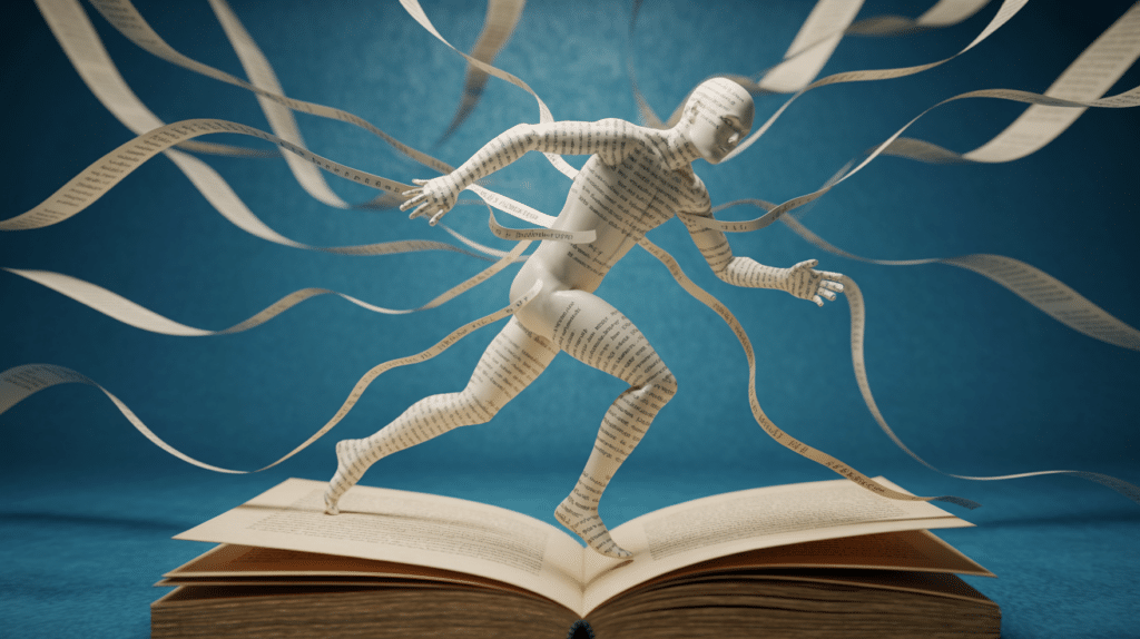 Künstlerische Darstellung einer Papierfigur, die versucht, aus einem Buch zu steigen, aber durch Tintenfäden zurückgehalten wird.