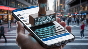 Smartphone zeigt Online-Marktplatz-App mit einem digitalen Stempel, der Haftung symbolisiert.