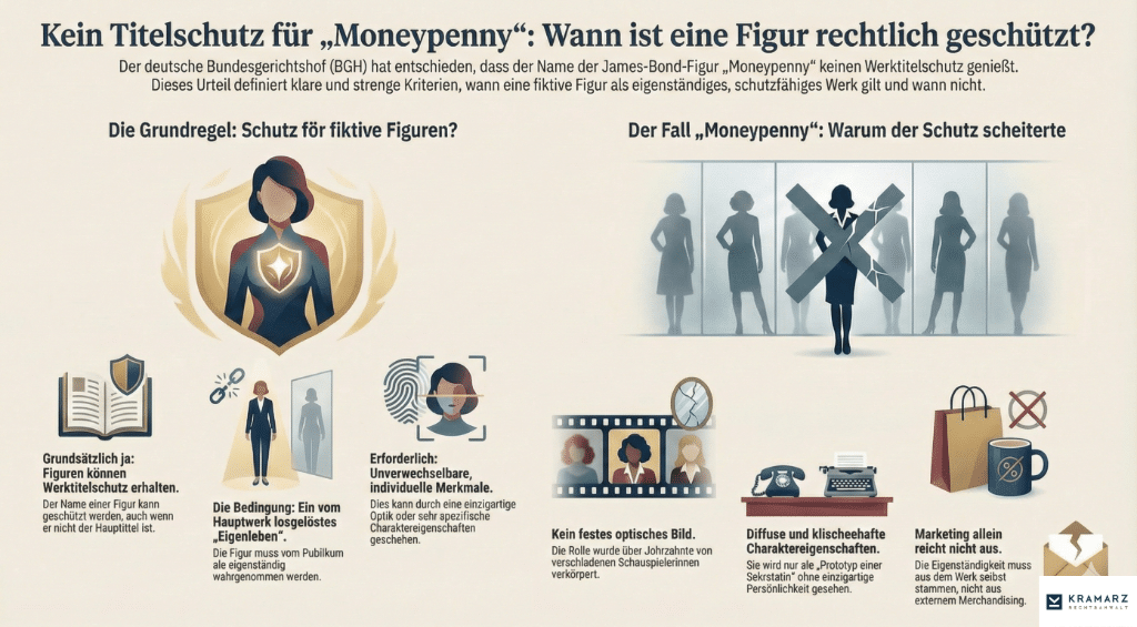 Infografik von Rechtsanwalt Kramarz zum BGH-Urteil: Kein Titelschutz für die Figur Moneypenny. Die Grafik visualisiert die Kriterien für den rechtlichen Schutz fiktiver Figuren (Eigenleben, unverwechselbare Merkmale) und erklärt, warum der Schutz im Fall Moneypenny aufgrund fehlender fester Optik und klischeehafter Eigenschaften scheiterte.