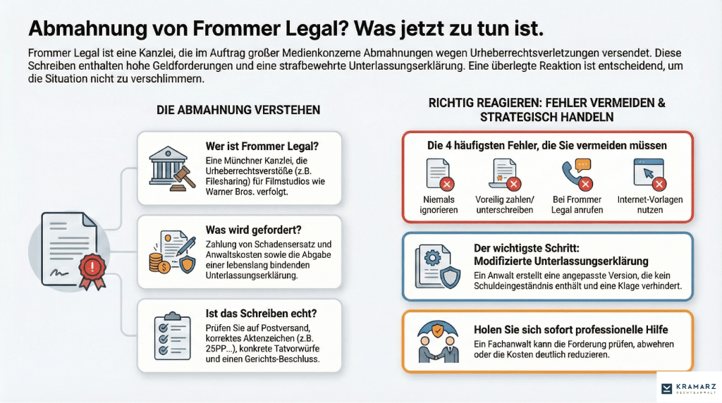 Infografik zur Abmahnung von Frommer Legal: Übersicht zu Forderungen bei Filesharing, Prüfung der Echtheit des Schreibens, die 4 häufigsten Fehler (z.B. voreilig zahlen oder Muster nutzen) und die strategisch richtige Lösung durch eine modifizierte Unterlassungserklärung vom Fachanwalt.