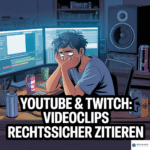 Podcast-Titelbild der Kanzlei Kramarz: Ein erschöpfter Content Creator am PC-Arbeitsplatz mit dem Schriftzug „YouTube & Twitch: Videoclips rechtssicher zitieren“.