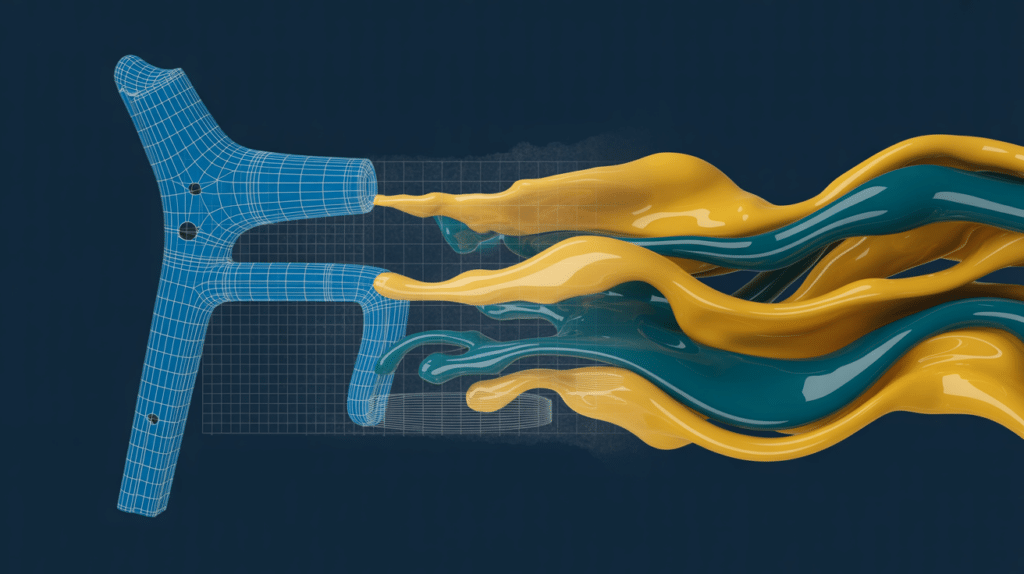 Abstrakte Illustration, die den Übergang von technischer Konstruktionszeichnung zu freier, organischer Kunstform darstellt.