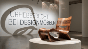 Ein kunstvoll gestalteter Designstuhl in einer Galerie, an der Wand der projizierte Schriftzug Urheberrecht bei Designmöbeln.