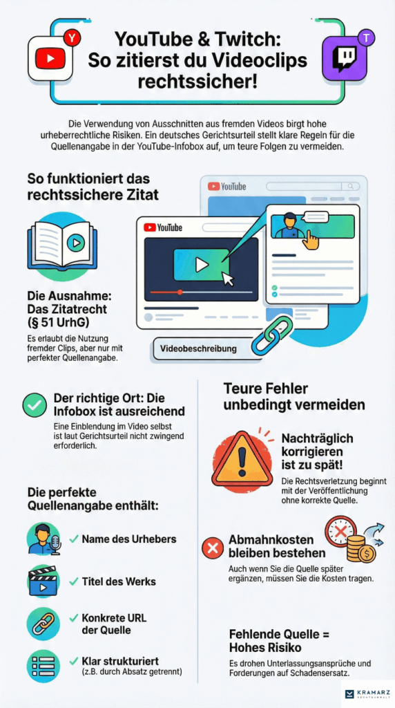 Infografik von Rechtsanwalt Christian Kramarz zum Thema rechtssicheres Zitieren von Videoclips auf YouTube und Twitch gemäß § 51 UrhG mit Details zur Quellenangabe in der Infobox.