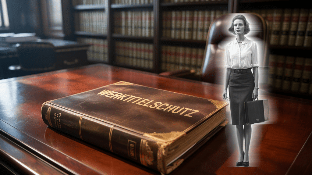 Lederakte auf Schreibtisch mit Goldprägung Werktitelschutz und verblassender Silhouette einer Sekretärin.