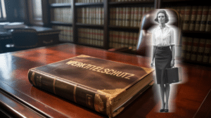 Lederakte auf Schreibtisch mit Goldprägung Werktitelschutz und verblassender Silhouette einer Sekretärin.