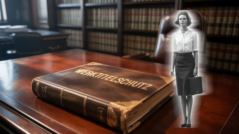 Lederakte auf Schreibtisch mit Goldprägung Werktitelschutz und verblassender Silhouette einer Sekretärin.