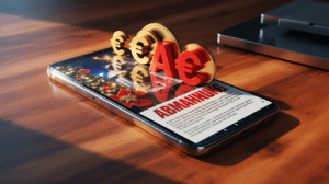 Smartphone auf Schreibtisch zeigt Instagram Reel, aus dem Warnsymbole und Münzen fließen, symbolisch für eine Abmahnung wegen Musiknutzung.