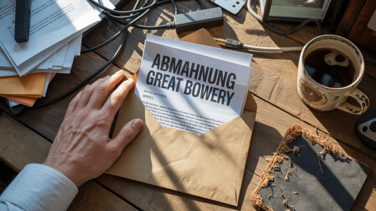 Ein förmliches Abmahnschreiben der Great Bowery auf einem Büroschreibtisch neben einer Brille.