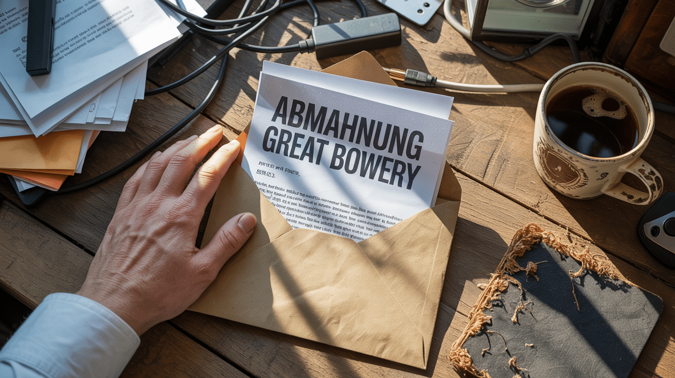 Ein förmliches Abmahnschreiben der Great Bowery auf einem Büroschreibtisch neben einer Brille.