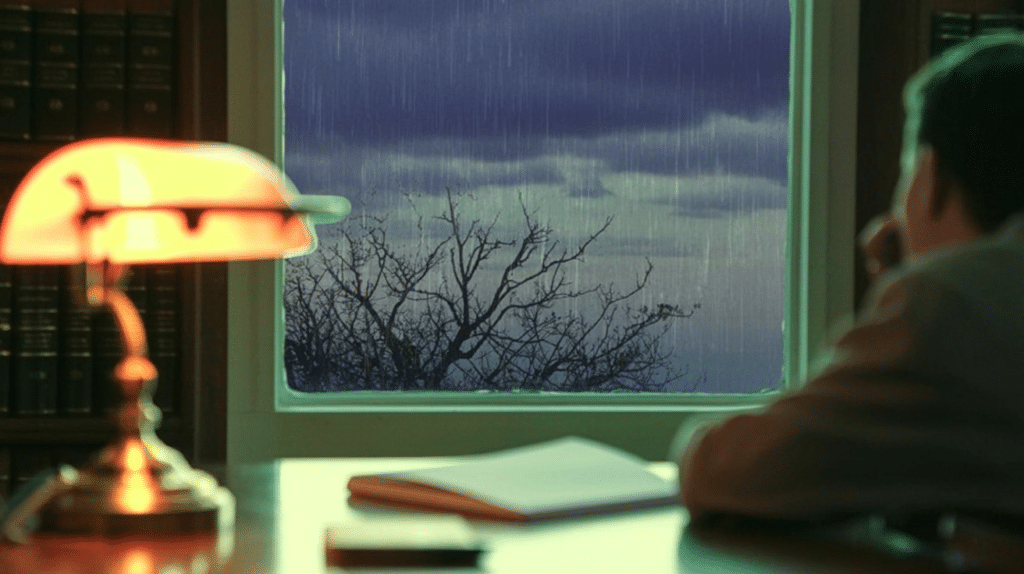 Schreibtisch mit goldener Lampe, die Licht auf einen Notizblock wirft, während draußen ein dunkler Sturm tobt.