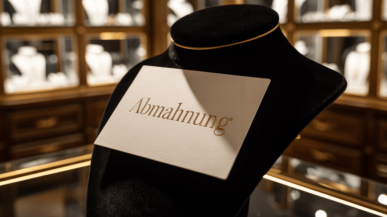 Luxuriöses Schmuck-Display aus Samt, auf dem eine Karte mit der goldenen Aufschrift ABMAHNUNG liegt, symbolisch für Markenrechtsverletzung bei Schmuck.