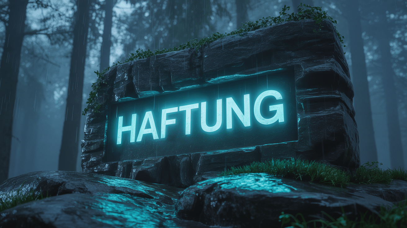Das Wort HAFTUNG eingraviert in einen leuchtenden Steinmonolith in einem nebligen Wald.