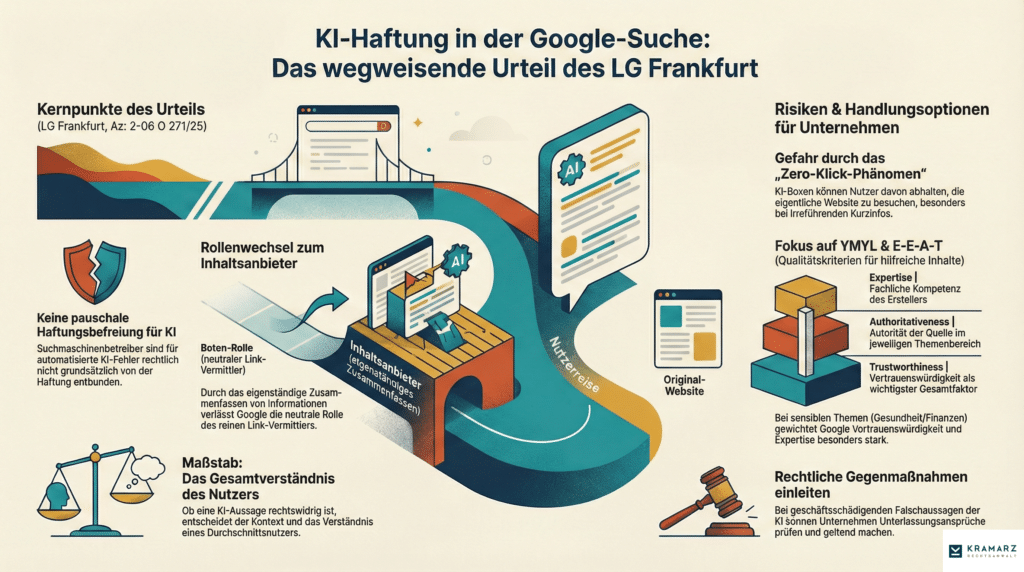Infografik zur KI-Haftung von Suchmaschinen gemäß dem Urteil des LG Frankfurt (Az: 2-06 O 271/25). Darstellung von E-E-A-T Faktoren, Zero-Klick-Phänomen und dem Rollenwechsel von Google zum Inhaltsanbieter.