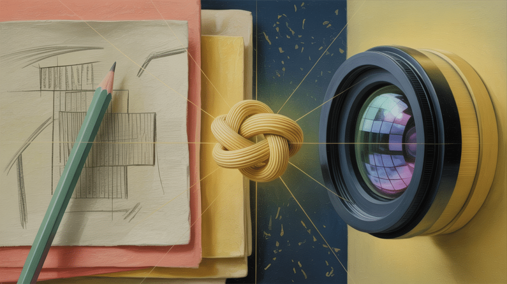 Abstrakte Illustration, Bleistiftzeichnung verwandelt sich in Kameraobjektiv, Verbindung von Idee und Foto