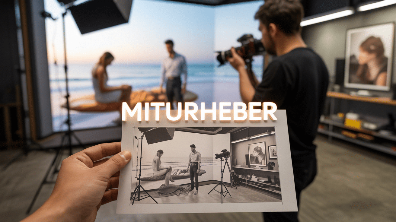 Fotostudio-Szene, Hand hält Skizze hoch, im Hintergrund wird die Skizze fotografiert, Text Miturheber