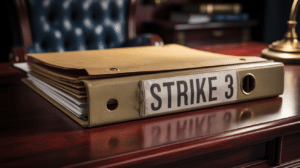 Juristische Akte auf einem Schreibtisch mit der Aufschrift STRIKE 3.