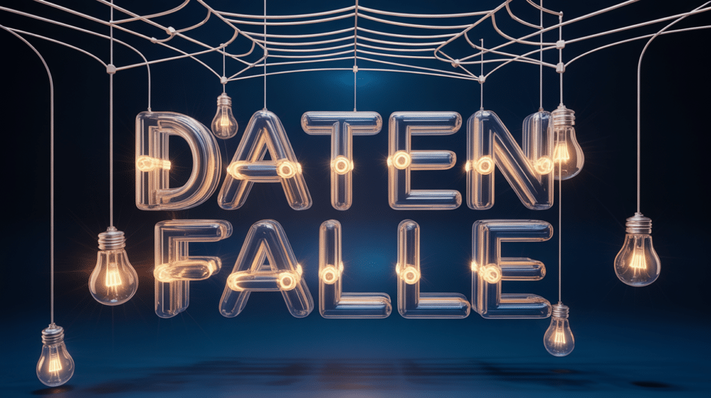 Abstrakte Illustration eines digitalen Netzes mit dem Schriftzug DATEN-FALLE zur Visualisierung des Zero-Klick-Phänomens.