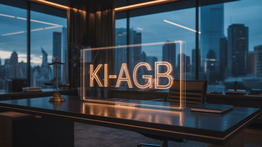 Ein holografisches Dokument mit der Aufschrift KI-AGB auf einem modernen Schreibtisch.