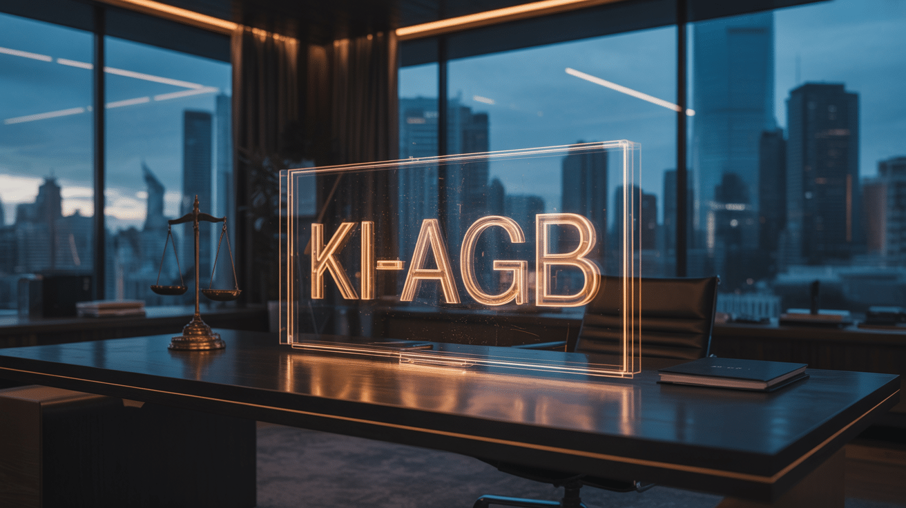 Ein holografisches Dokument mit der Aufschrift KI-AGB auf einem modernen Schreibtisch.