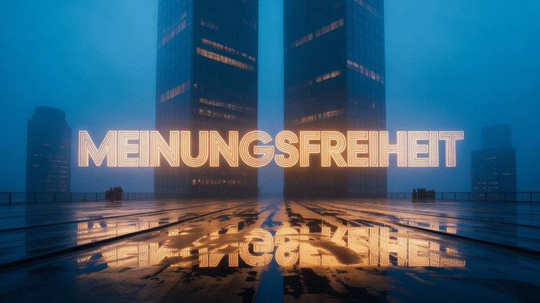 Neon-Schriftzug Meinungsfreiheit auf einem modernen Glasgebäude bei Regen.