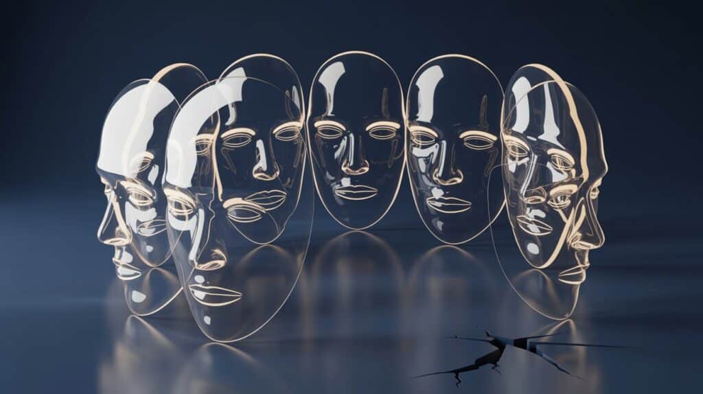 Abstrakte Darstellung von gläsernen Masken, die für die Verzerrung der Identität durch Parodie-Accounts stehen.