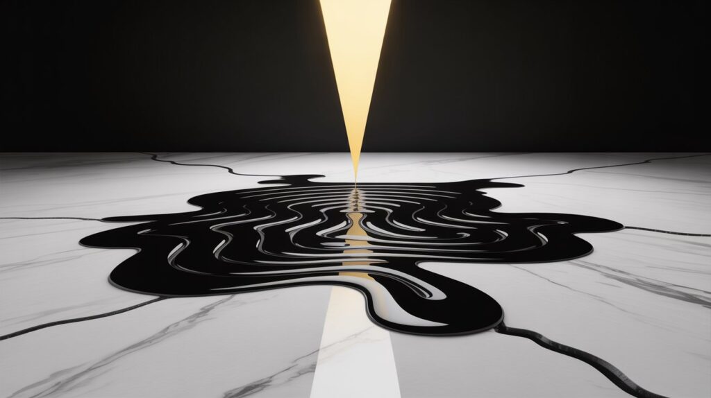 Eine abstrakte Illustration von auslaufender Flüssigkeit, die die Ausweitung eines Verbots durch die Kerntheorie symbolisiert.