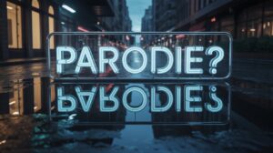 Ein flackerndes Neon-Schild mit der Aufschrift Parody spiegelt sich in einer Pfütze auf einer nächtlichen Straße.