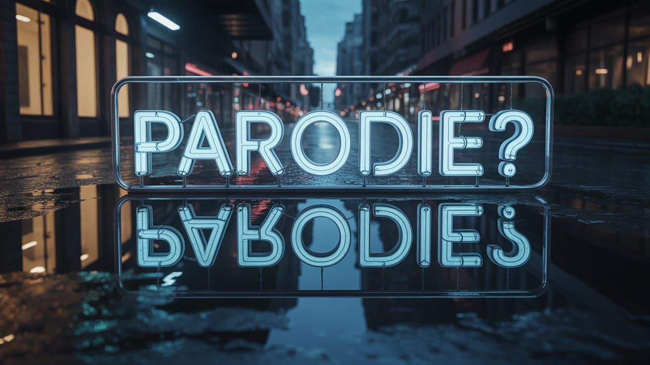 Ein flackerndes Neon-Schild mit der Aufschrift Parody spiegelt sich in einer Pfütze auf einer nächtlichen Straße.