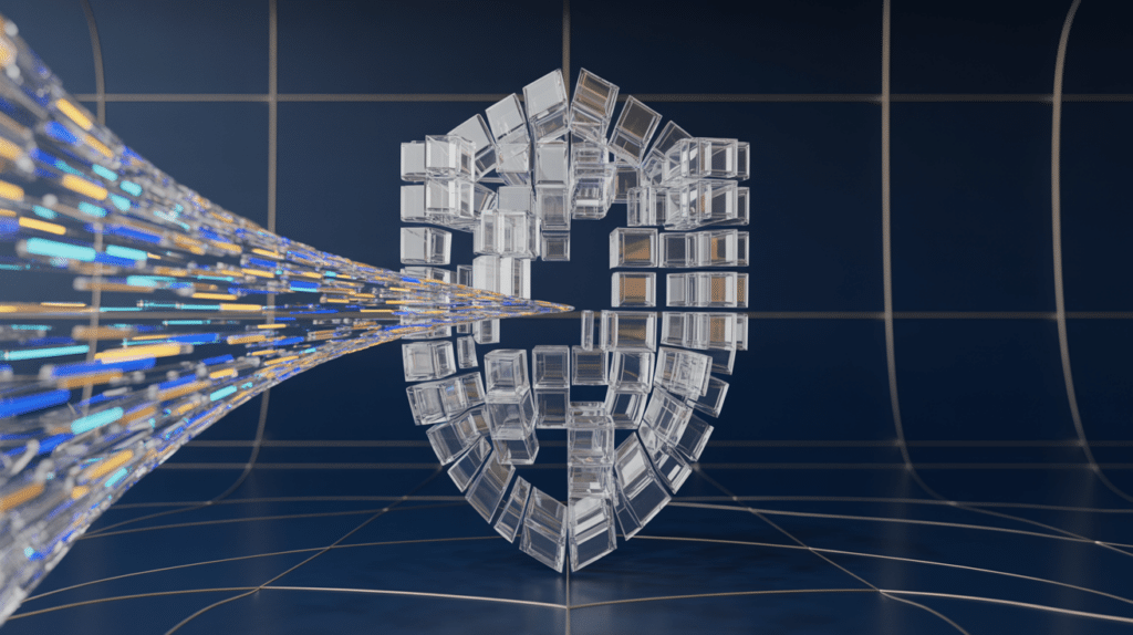 Ein kristalliner Schutzschild neutralisiert chaotisches Licht, Metapher für rechtssichere KI-AGB.