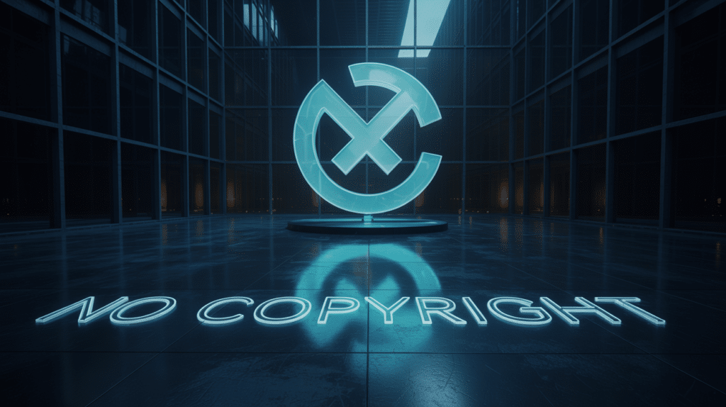 Holografisches Logo in einer dunklen Galerie mit der Gravur NO COPYRIGHT auf dem Boden.