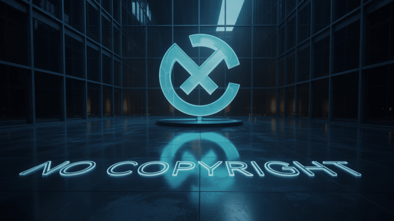 Holografisches Logo in einer dunklen Galerie mit der Gravur NO COPYRIGHT auf dem Boden.