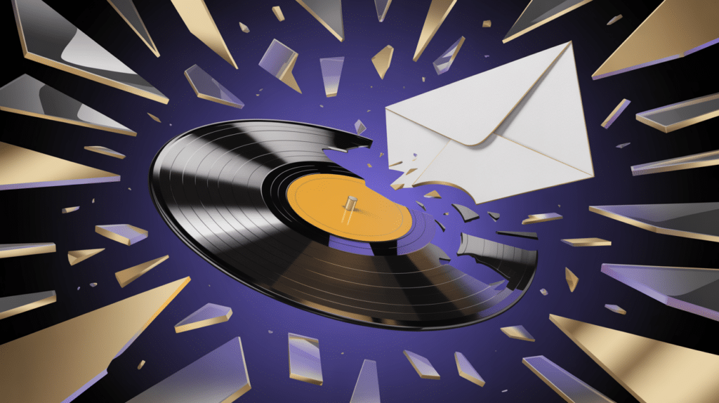 Zerbrechende Glasschallplatte als Metapher für Urheberrechtsrisiken.