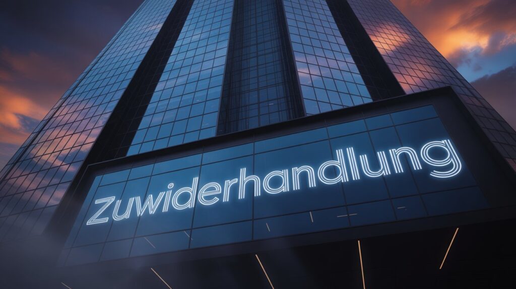 Ein modernes Bürogebäude mit der Leuchtschrift Zuwiderhandlung als Metapher für rechtliche Risiken.