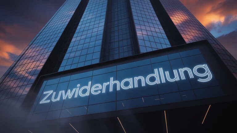 Ein modernes Bürogebäude mit der Leuchtschrift Zuwiderhandlung als Metapher für rechtliche Risiken.