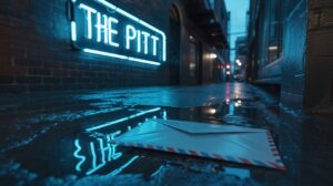 Neon-Schriftzug The Pitt in einer dunklen, regnerischen Gasse mit einem Brief im Vordergrund.