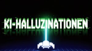 Holographischer Schriftzug KI-Halluzinationen in einem dunklen, regnerischen Gerichtssaal.