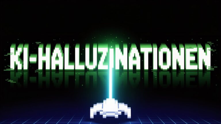 Holographischer Schriftzug KI-Halluzinationen in einem dunklen, regnerischen Gerichtssaal.