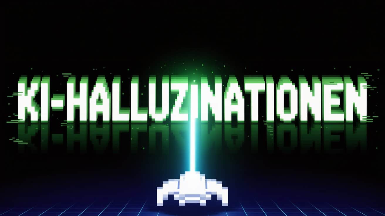 Holographischer Schriftzug KI-Halluzinationen in einem dunklen, regnerischen Gerichtssaal.