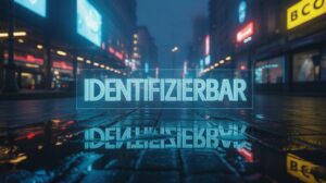 Digitale Projektion des Wortes Identifiable in einer nächtlichen Stadt als Metapher für Erkennbarkeit im Netz.