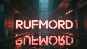 Fotorealistische Darstellung des Wortes Rufmord als leuchtende Warnung in einer verlassenen, digitalen Landschaft.