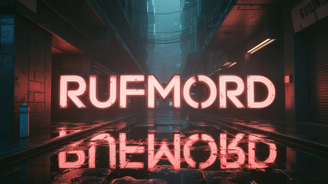 Fotorealistische Darstellung des Wortes Rufmord als leuchtende Warnung in einer verlassenen, digitalen Landschaft.